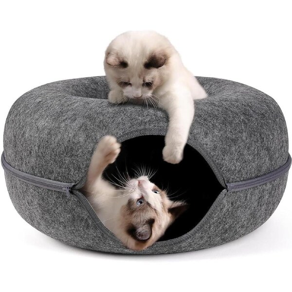 Cat Tunnel Bed Felt Pet Puppy Nest Cave House Round Donut Interactive Play Toy - Medium Dark Grey