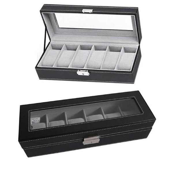 6 Slot Leather Watch Box Display Case Organizer Glass Jewelry Storage Black