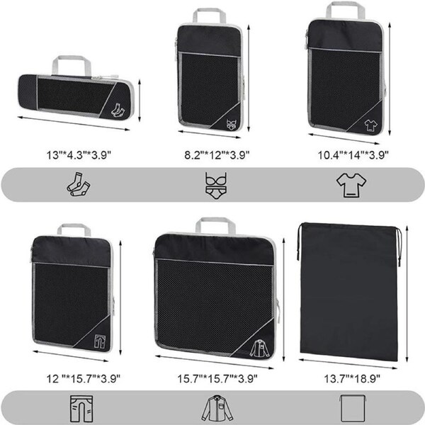 6 Pcs Compression Packing Cubes Expandable Organiser for Travel-Black
