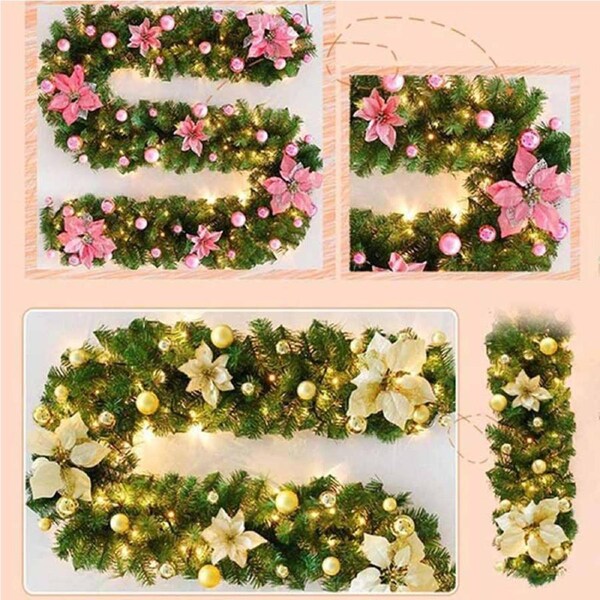2.7M Christmas Garland with Lights Rattan Artificial Garland Green for Indoor Home Fireplace Stair Decorations-Pink