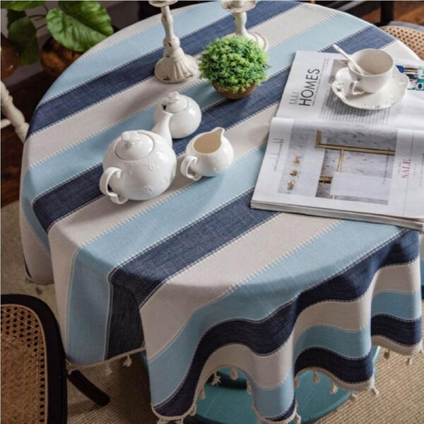 Stitching Tassel Kitchen Decoration Round Dustproof Tablecloth-Blue Stripe