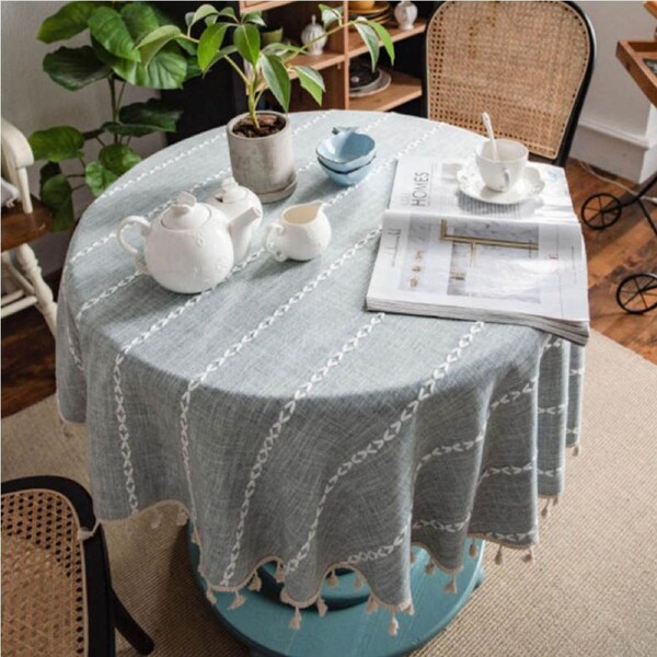 Stitching Tassel Kitchen Decoration Round Dustproof Tablecloth-More Line Gray
