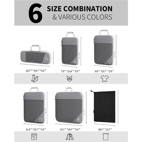 6 Pcs Compression Packing Cubes Expandable Organiser for Travel-Navy Blue