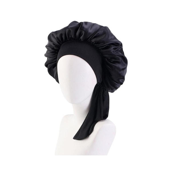 JOYBUY Sleep Cap Brimmed Hair Care Extra Large Satin Bonnet Nightcap with Premium Elastic Band for Home-Black