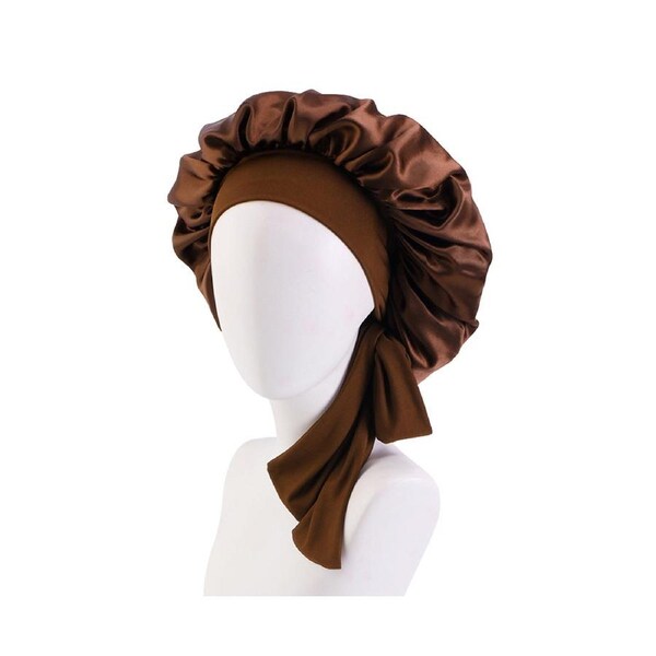 Sleep Cap Brimmed Hair Care Extra Large Satin Bonnet Nightcap with Premium Elastic Band for Home-Coffee
