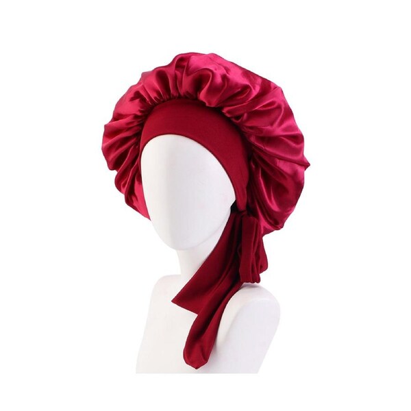 Sleep Cap Brimmed Hair Care Extra Large Satin Bonnet Nightcap with Premium Elastic Band for Home-Wine Red