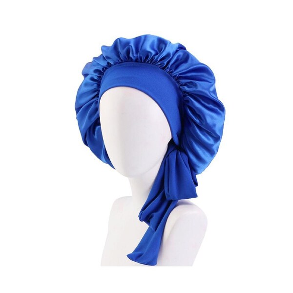 Sleep Cap Brimmed Hair Care Extra Large Satin Bonnet Nightcap with Premium Elastic Band for Home-Royal Blue
