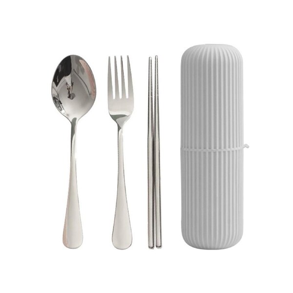 Stainless Steel Outdoor Tableware Storage Case with Fork Spoon Chopsticks Set-Silver+Grey