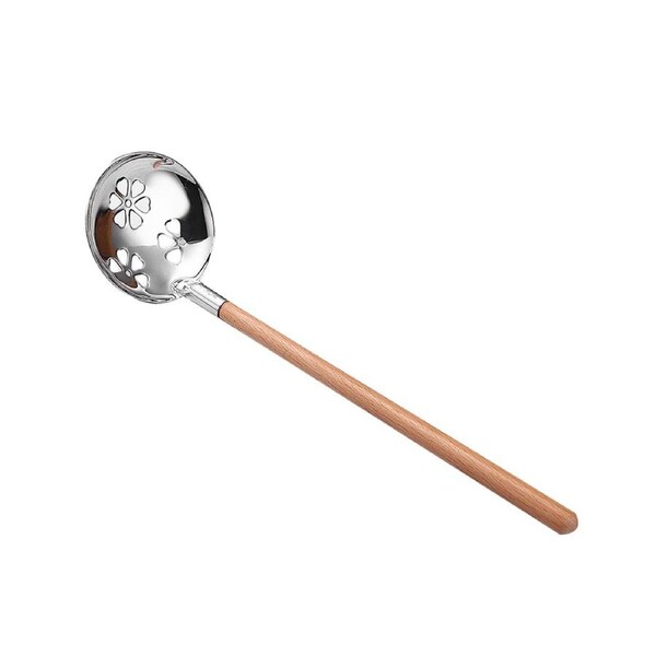 Stainless Steel Soup Spoon Colander Long Wood Handle Cooking Strainer Kitchen-Silver 2