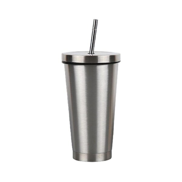 Stainless Steel Mug Anti-corrosion Spill-proof with Lid Straw Rustproof Coffee Mug for Travel-Silver