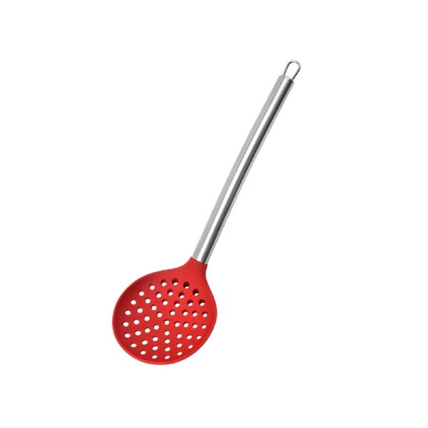 Strainer Spoon Non-Stick Heat-Resistant Stainless Steel Handle Kitchen Utensil Silicone Slotted Skimmer Spoon for Household-Red
