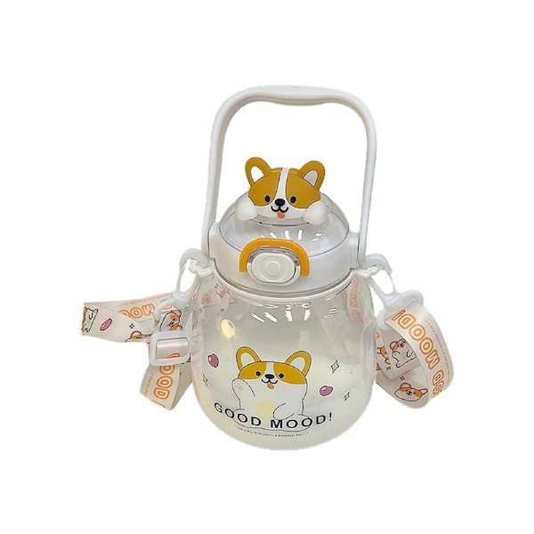 Straw Bottle Refillable Large Capacity Shoulder Strap Cartoon Water Cup for Students -White