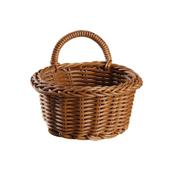 Storage Basket with Handle Breathable Hand Woven Easy to Clean Hollow Design Flower Arrangement Plastic Rattan Large Capacity Hanging Basket for Kitchen-B