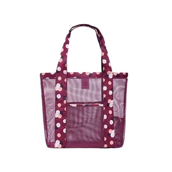 Storage Bag Waterproof Flower Printed Large Capacity Foldable Beach Travel Daily Pouch for Daily Life-Wine Red