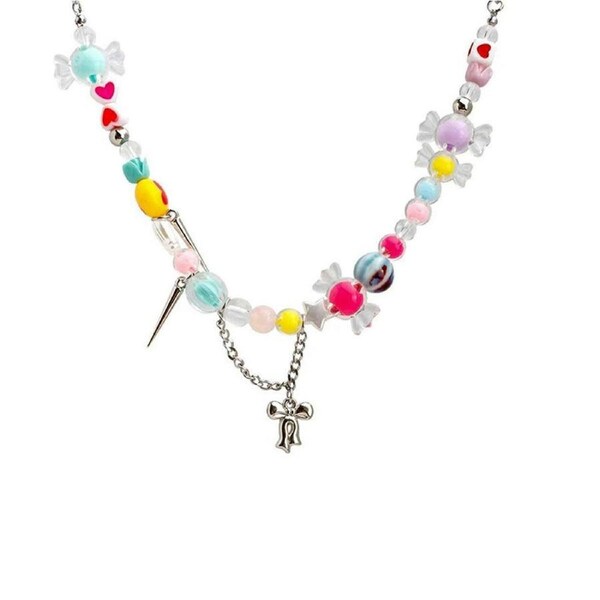 Cute Candy Heart Colourful Beaded Necklace Women Girls Trendy Fashion