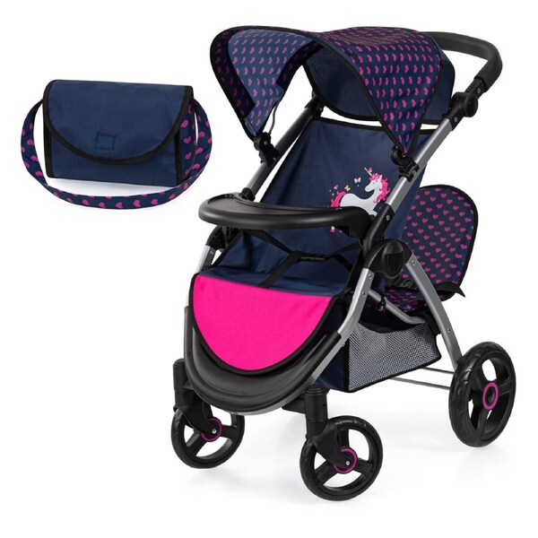 Bayer Twin Star Pram - Blue with Pink Hearts & Unicorn