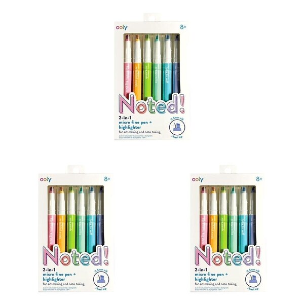 3x 6pc Ooly Noted 2in1 Micro Fine Pen Highlighter Art Colouring Marker Set 8y+