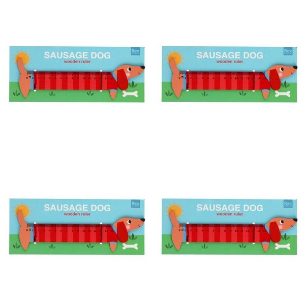 4x Rex London Kids Wooden Ruler 0-15cm School Drawing Stationery Sausage Dog 3+