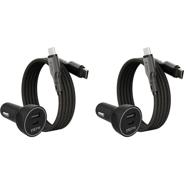 2x EFM 48W Car Phone Charger Dual USB Socket w/ 1m Mag-Coil USB-C Cable Black