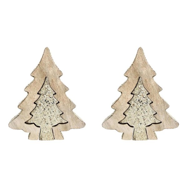 2PK LVD Mango Wood Dual Champagne Tree Home/Office Xmas Decor Medium 16x20cm BRN