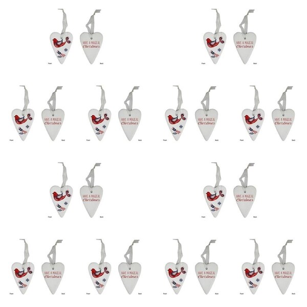 12PK LVD Ceramic Gift Heart Folk Home Xmas Hanging Ornament Decor 6x8cm White