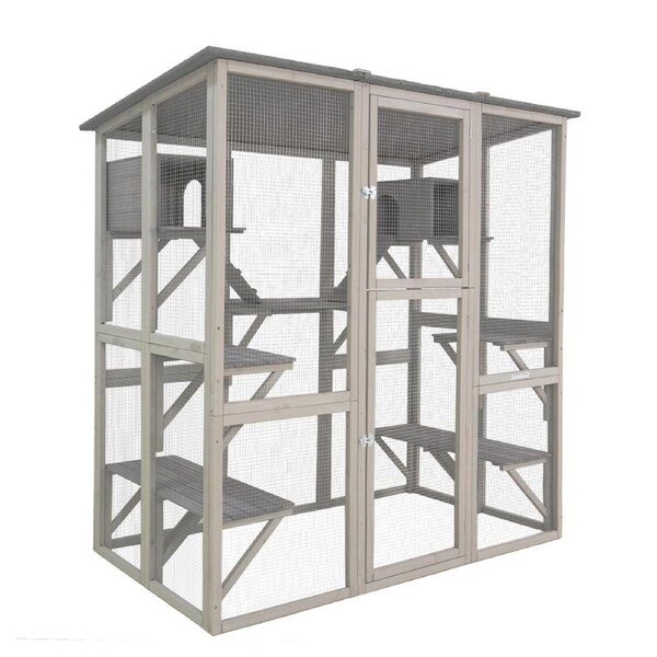 Samland Wooden Cat Cage Walk in Cat Condo House Kitten Ferret Enclosure Cage