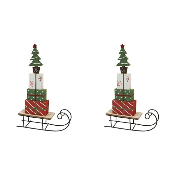 2PK LVD Metal/Wood Sleigh Present Home/Living Room/Table Xmas Decor 30x19cm Red