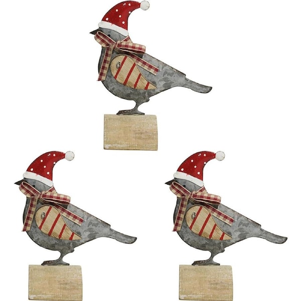3PK LVD Metal/MDF French Xmas Bird Home/Living Room/Tabletop Xmas Decor 14x12cm