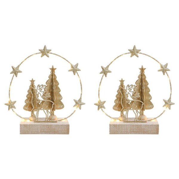 2PK LVD Metal/Wood LED Wire Ring Tree Deer Home Christmas Decor 20x22cm Gold