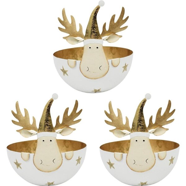 3PK LVD Metal Reindeer Bowl Small Home/Living Room Xmas Display Decor 11x11cm