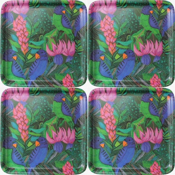 4PK LVD Melamine/Bamboo Serving Tray Amazon Parrot Kitchen Decor 33cm Square