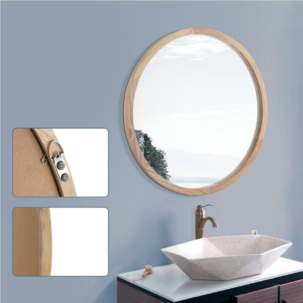 Bathroom Round Wall Hung Mirror Solid Wood Frame Makeup Mirror Decor 80cm