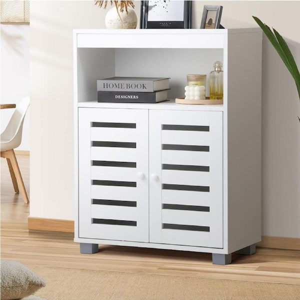 Oikiture Buffet Sideboard Shoe Storage Cabinet Slatted Doors White