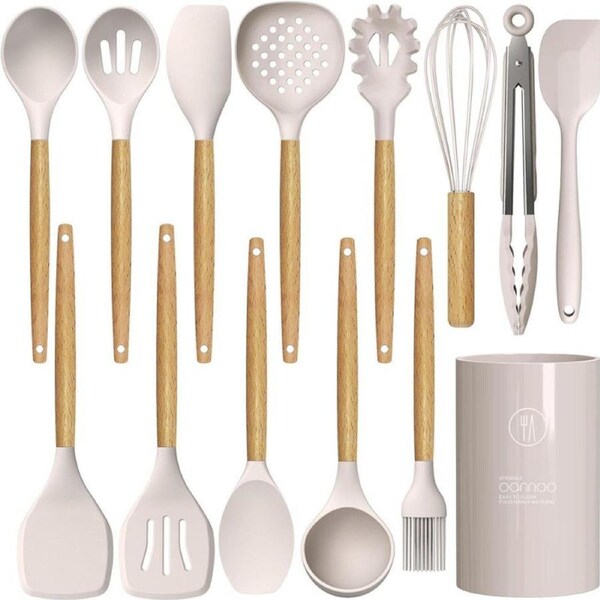 Silicone Cooking Utensils Set - 446°F Heat Resistant Silicone Kitchen Utensils for Cooking,Kitchen Utensil Spatula Set w Wooden Handles and Holder, BPA FREE Gadgets for Non-Stick Cookware