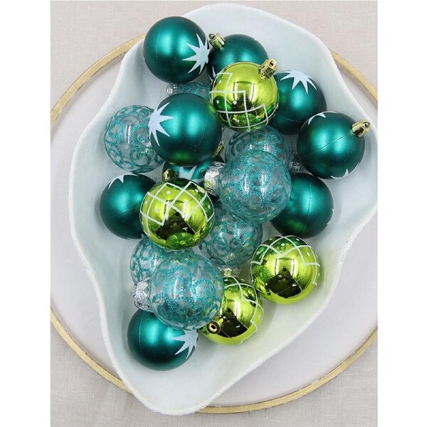 60mm Christmas Baubles Clear Apple Green and Teal 30 Pack