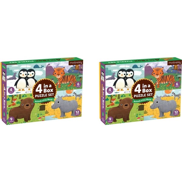 2x Mudpuppy Kids/Children 4 In A Box Jigsaw Puzzle Game Toy Set Animals 3y+