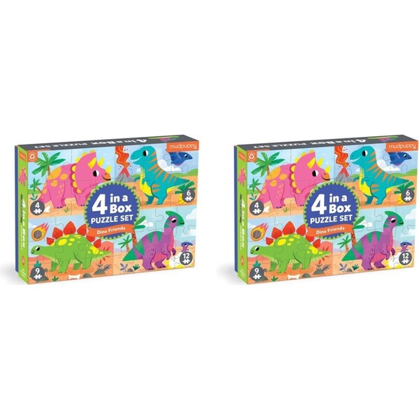 2x Mudpuppy Kids/Children 4 In A Box Jigsaw Puzzle Game Toy Set Dino Friends 3+