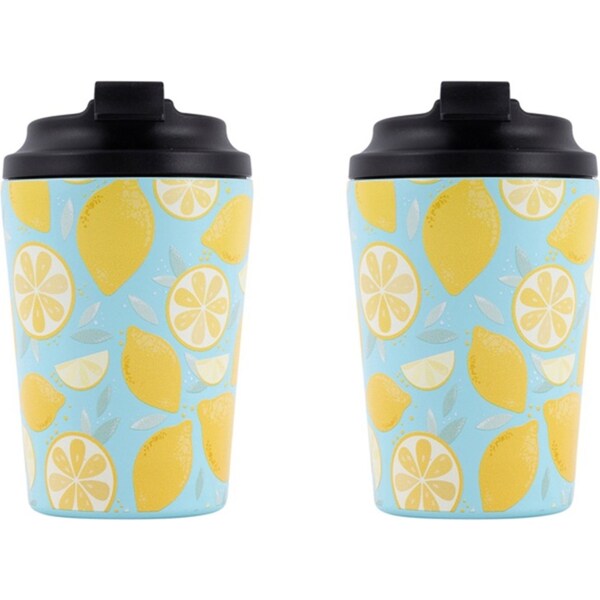 2x Splosh Sip By Splosh Lemon Stainless Steel Insulated Travel Coffee Cup 380ml