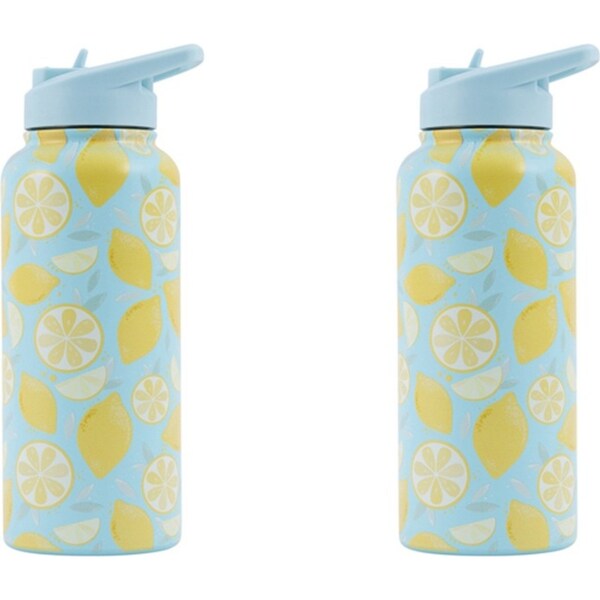 2x Splosh Sip By Splosh Lemon S/S Insulated Water Bottle w/ Flip Straw Lid 950ml