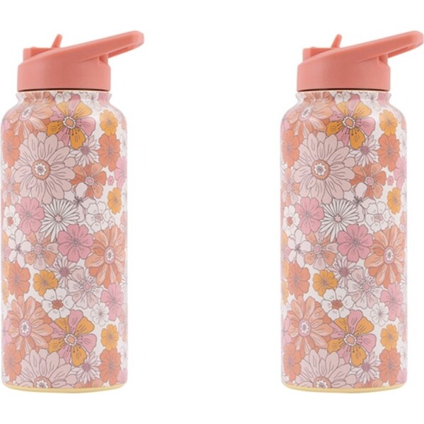 2x Splosh Sip By Splosh Floral S/S Insulated Water Bottle w/ Straw Lid 950ml