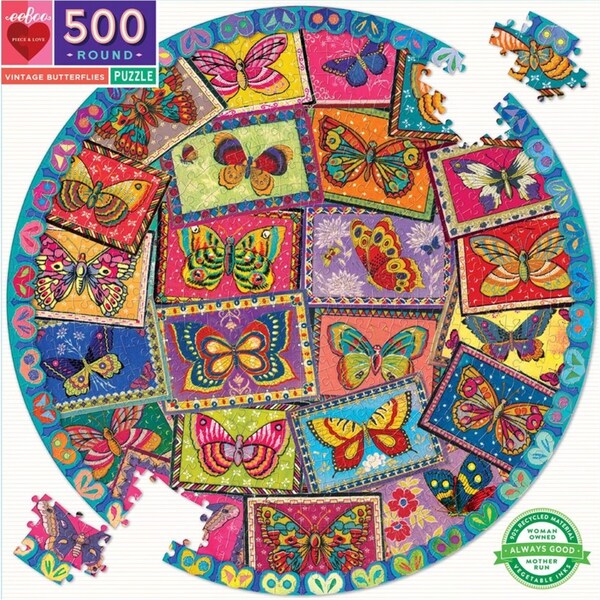 500pc eeBoo Round Jigsaw Puzzle 58cm Kids Fun Game Vintage Butterflies 10+