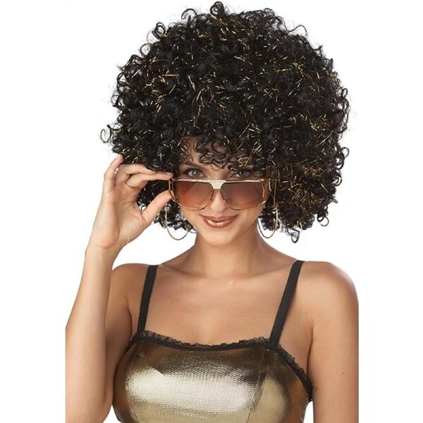 70s Disco Glitter Curly Black and Gold Wig