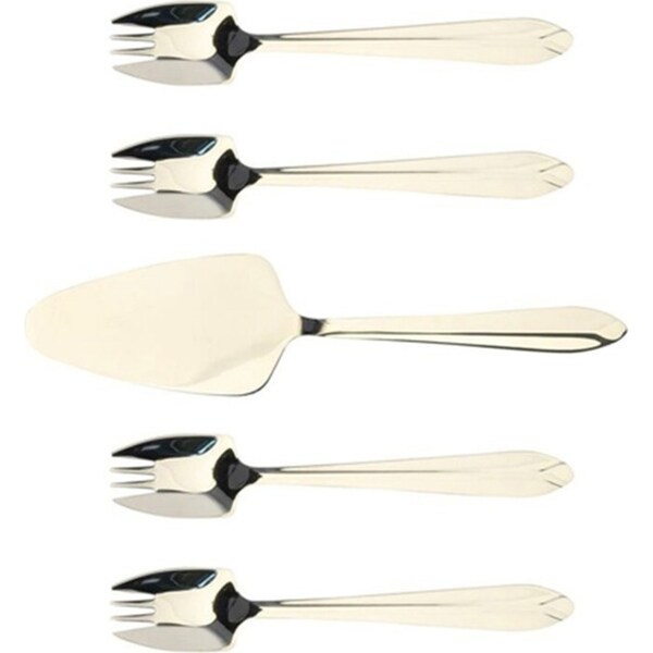 5pc Splayd Stainless Steel Mirror Cake Server w/ Spork Cutlery Set Silver