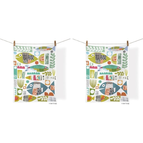 2x WerkShoppe Cotton Kitchen Tea Towel Drying Dish Cloth 53.5x71cm Fish School