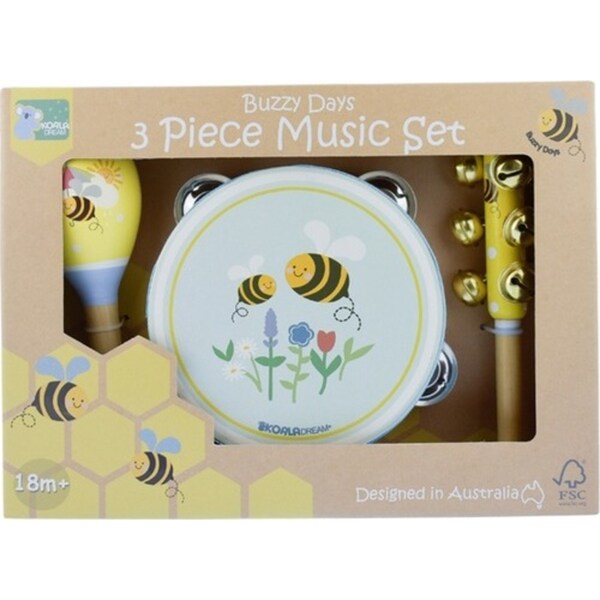 3pc Koala Dream Buzzy Days Bee Musical Set Kids/Childrens Wooden Toy 18m+