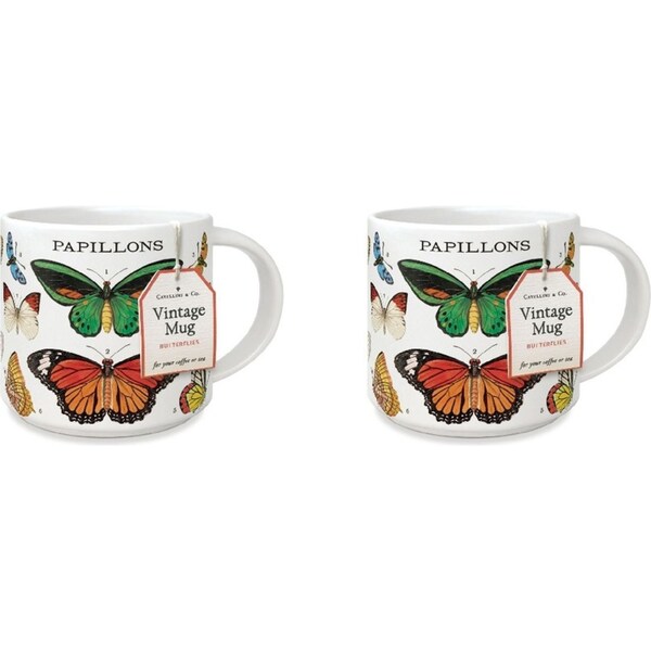 2x Cavallini Vintage Glassware Coffee/Tea Mug 414ml/19.5cm Vintage Butterflies