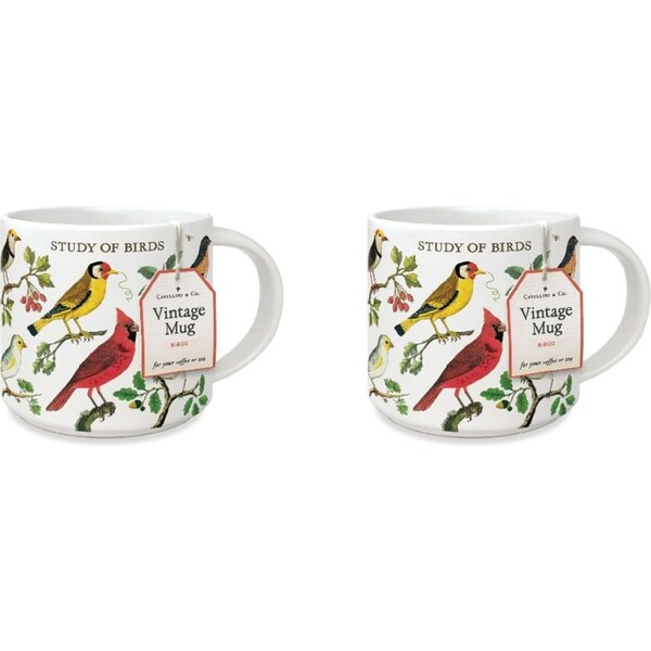 2x Cavallini Vintage Table/Glassware Coffee/Tea Mug 414ml/19.5cm Vintage Birds
