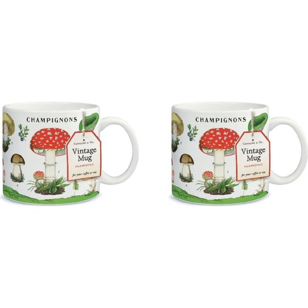 2x Cavallini Vintage Glassware Coffee/Tea Mug 414ml/19.5cm Vintage Mushrooms