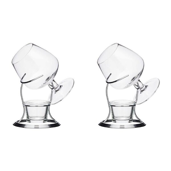 2x BarCraft Brandy & Cognac Chrome/Glass 350ml Cup & Warmer Stand Set Clear