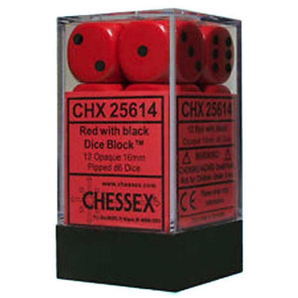 CHX 25614 D6 Dice Opaque 16mm Red/Black (12 Dice in Display)